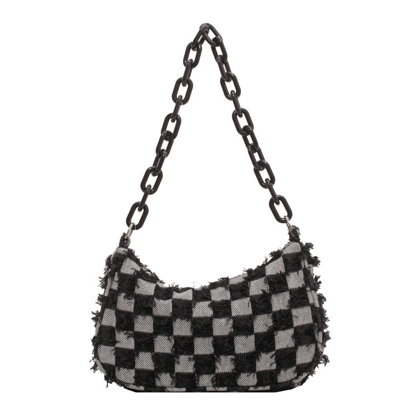 Women's Fashion Simple Denim Canvas Chessboard Plaid Shoulder Bags