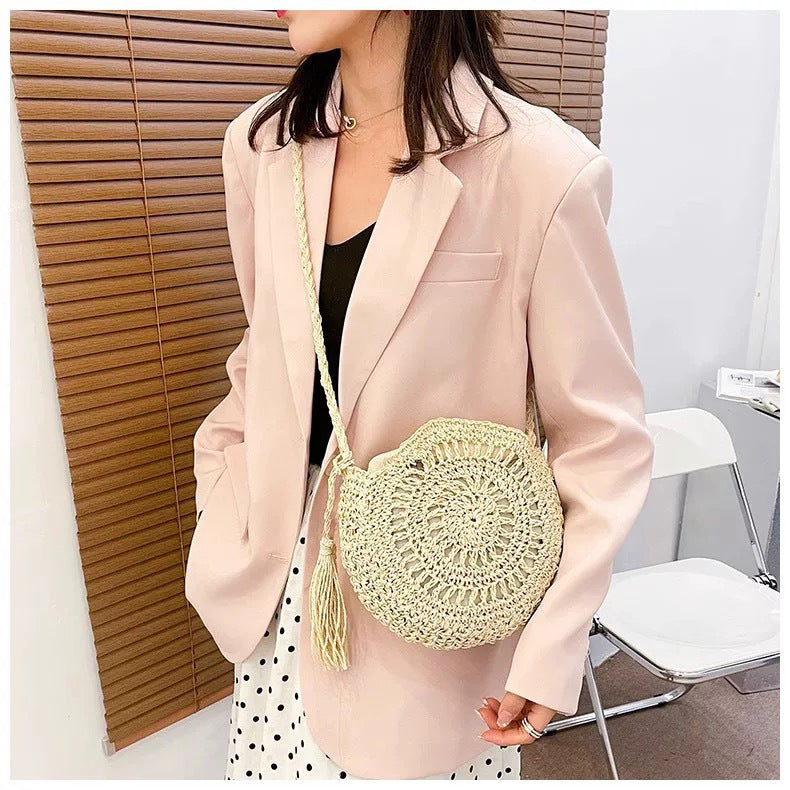 Women's Crochet Woven Hollow Straw Round Tassel Bags
