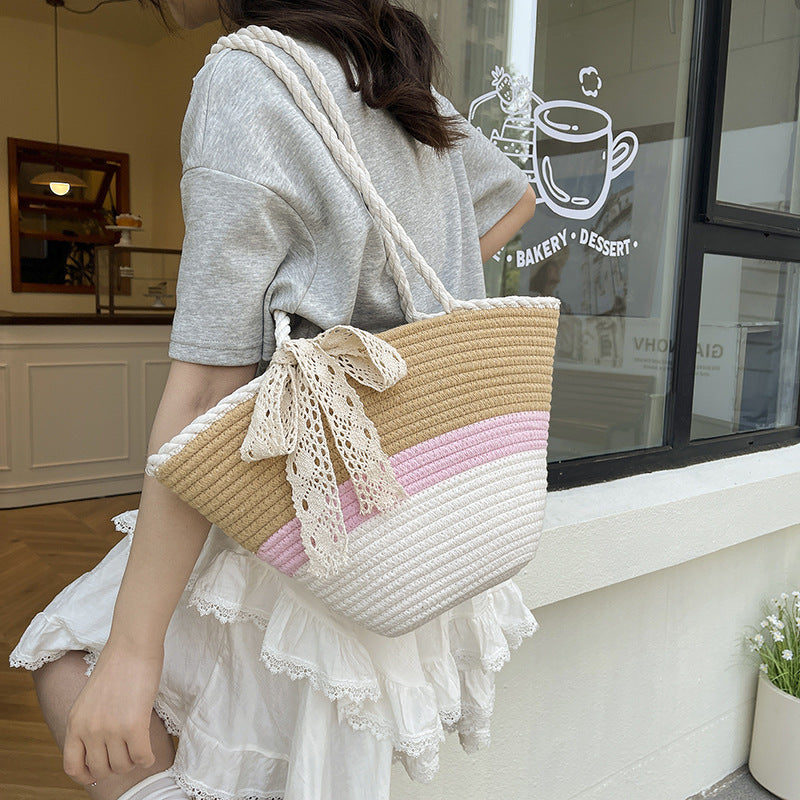 Summer Contrast Color Vacation Beach Mori Leisure Striped Large Capacity Women's Shoulder Bag