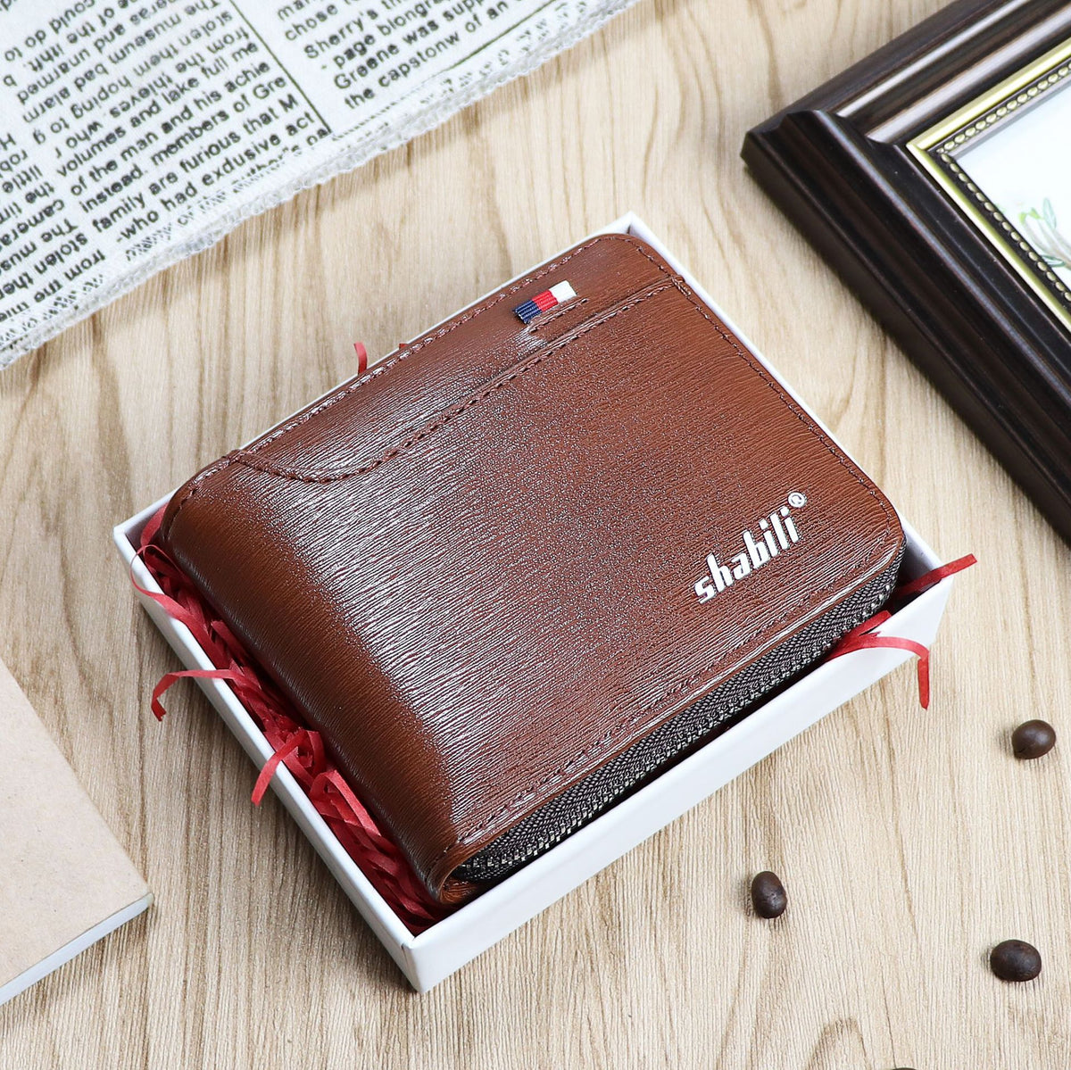 Men's Short Business Green Zipper Oil Wax Leather Men's Wallet