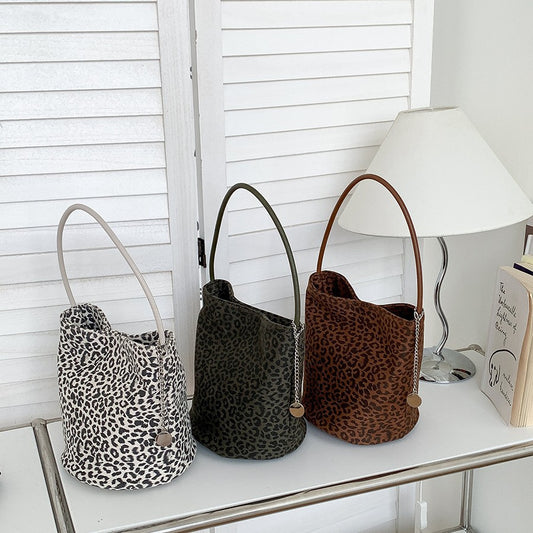 Women's Cylinder Leopard Print Stitching Design Portable Shoulder Bags