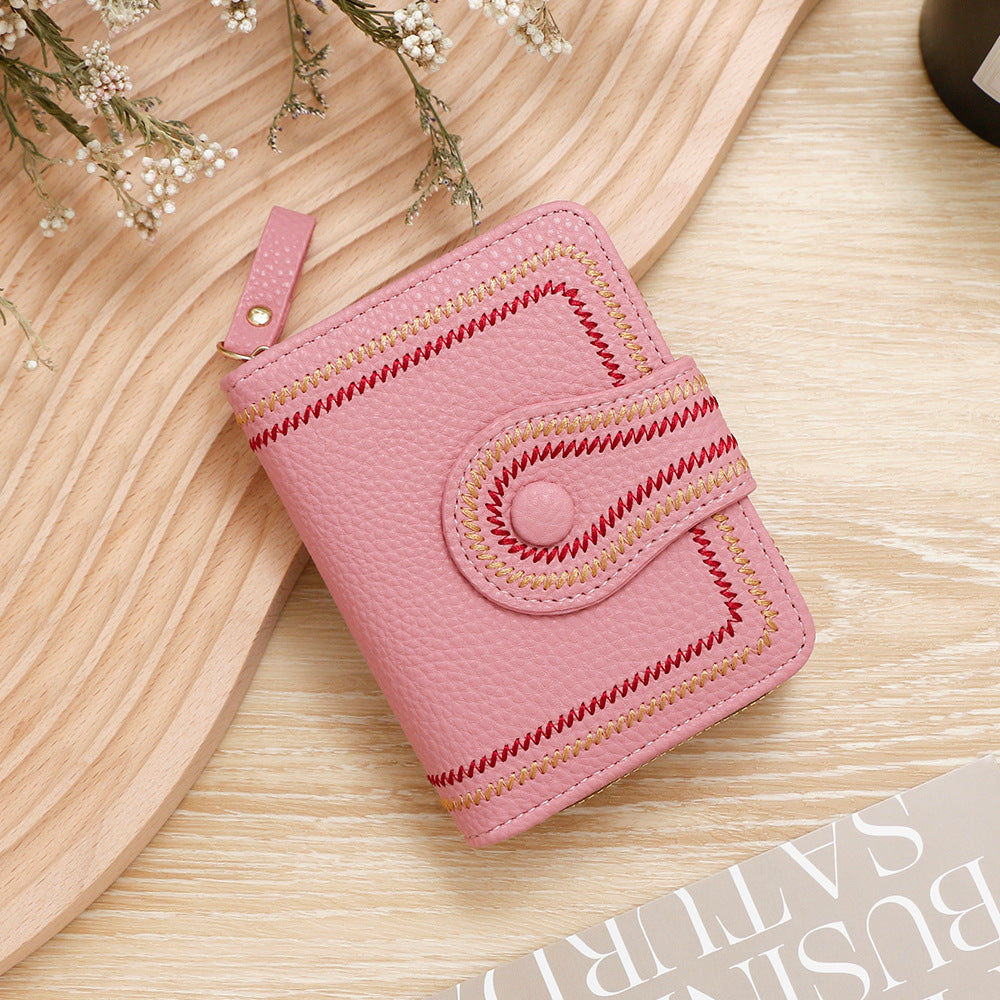 Women's Korean Style Short Zipper Hasp Litchi Pattern Embroidered Solid Color Ladies Wallet