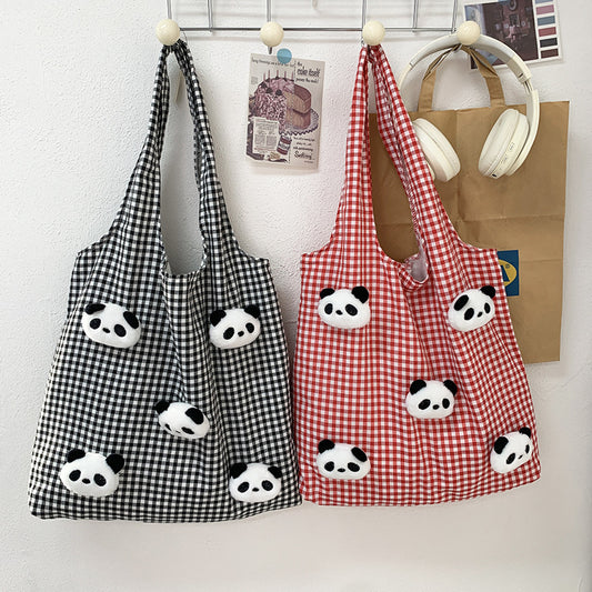 Large Capacity Simple Panda Doll Plaid Vest Shoulder Bags