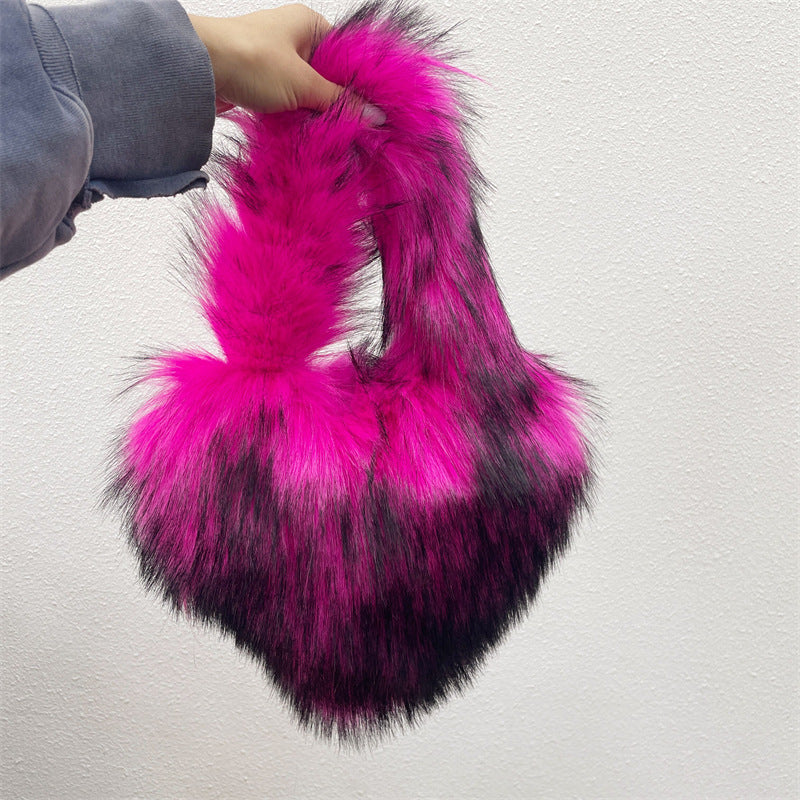 Children's Size Heart Imitation Raccoon Fur Plush Handbags