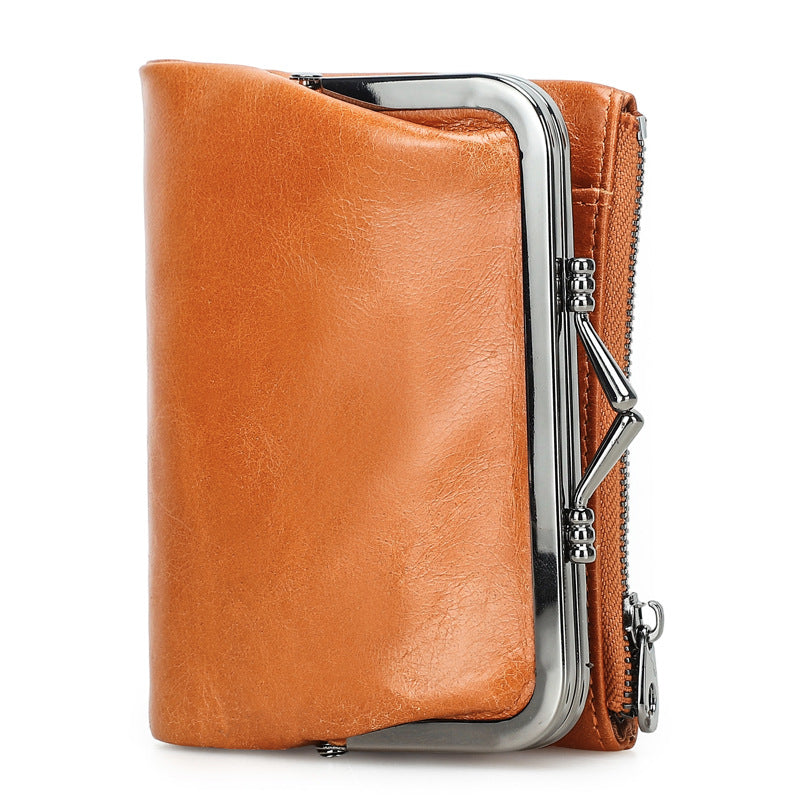 Women's Angel First Layer Cowhide Iron Hinge Short Leather Ladies Wallet