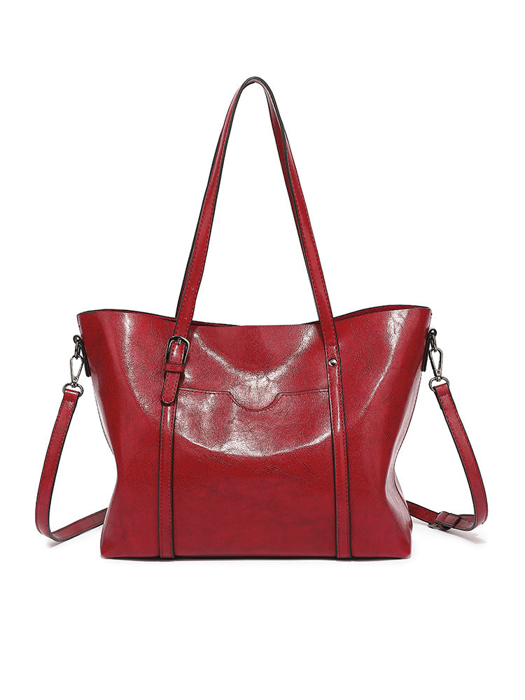 Women's Fashion Trendy Oil Leather Portable Big Women's Shoulder Bag