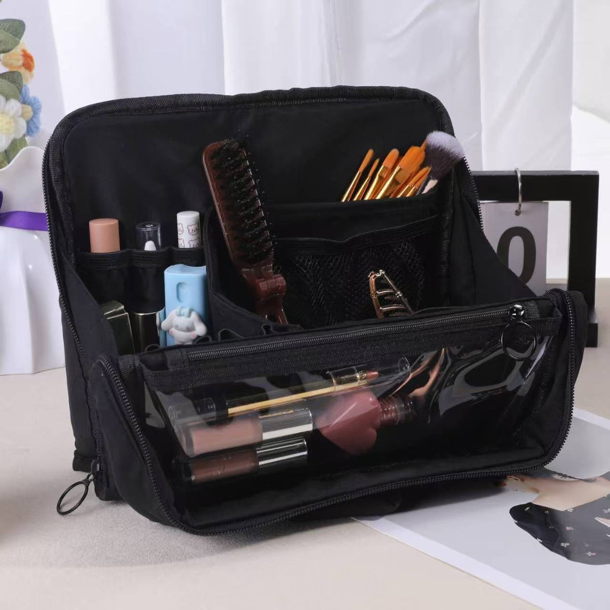 Vertical Large Capacity Quilted Foldable Wash Portable Makeup Bag
