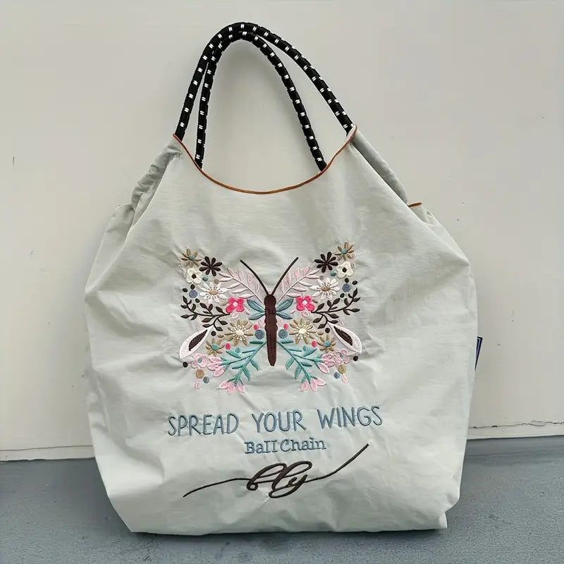 Embroidered Shopping With Flowers Plants On The Upper Body Niche Women's Shoulder Bag