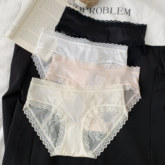 Women's Clear Mesh Contrast Color Texture French Lace Back Panties