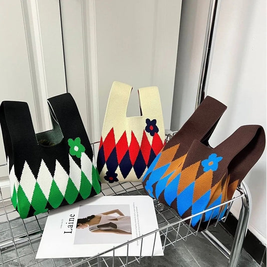 Women's Lattice Portable Knitted Large Capacity Contrast Handbags