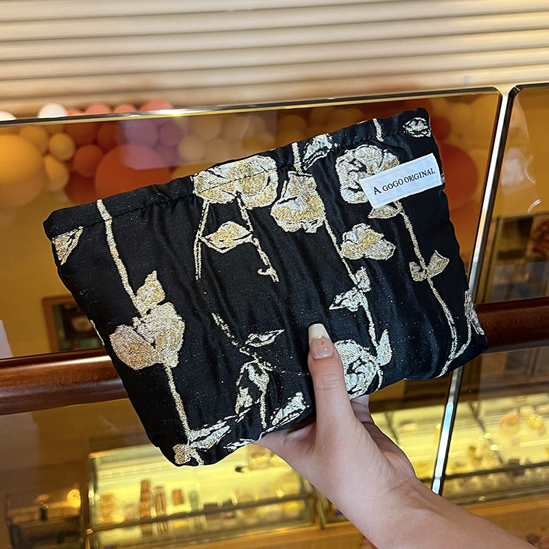 High-grade Jacquard Gold Silk Skin Care Buggy Portable Toiletry Canvas Makeup Bag
