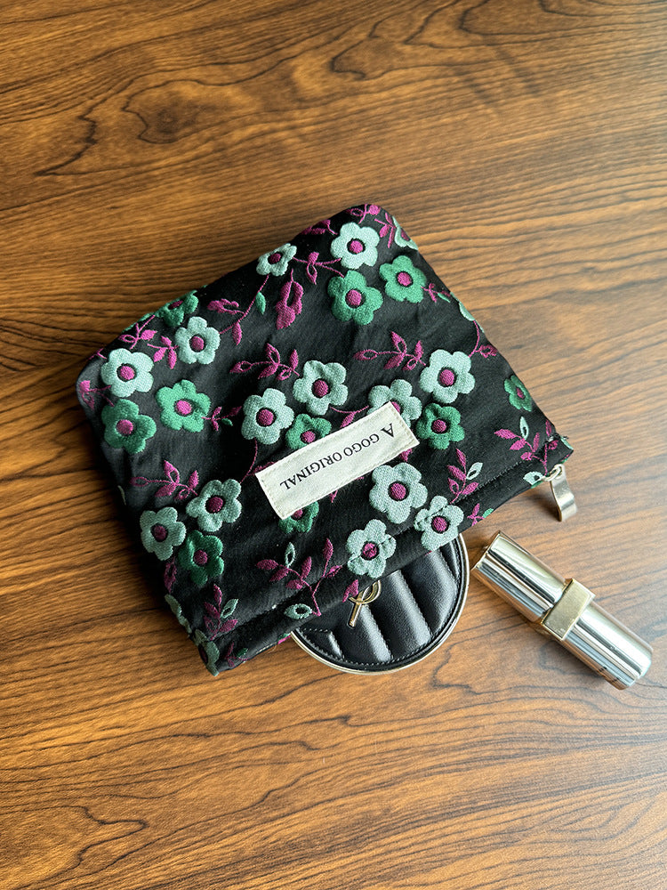 Fresh Black Flower Portable Skin Care Buggy Canvas Cosmetic Bags