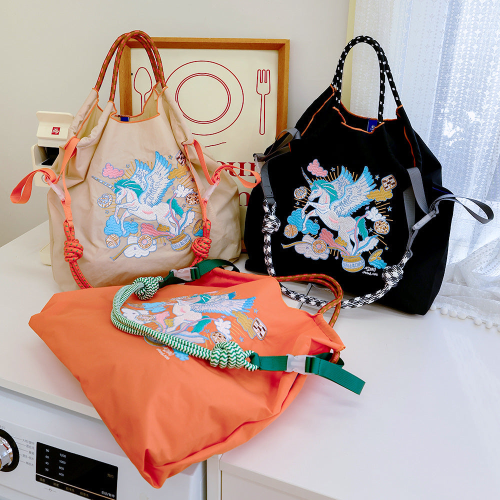 Lucky Horse Cartoon Waterproof Nylon Needle Embroidery Fashion Commuter Large Shoulder Bags