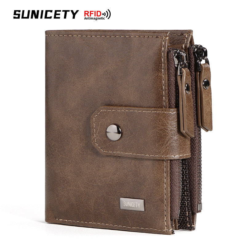 Men's Zipper Swiping Business Leather Thin Short Men's Wallets
