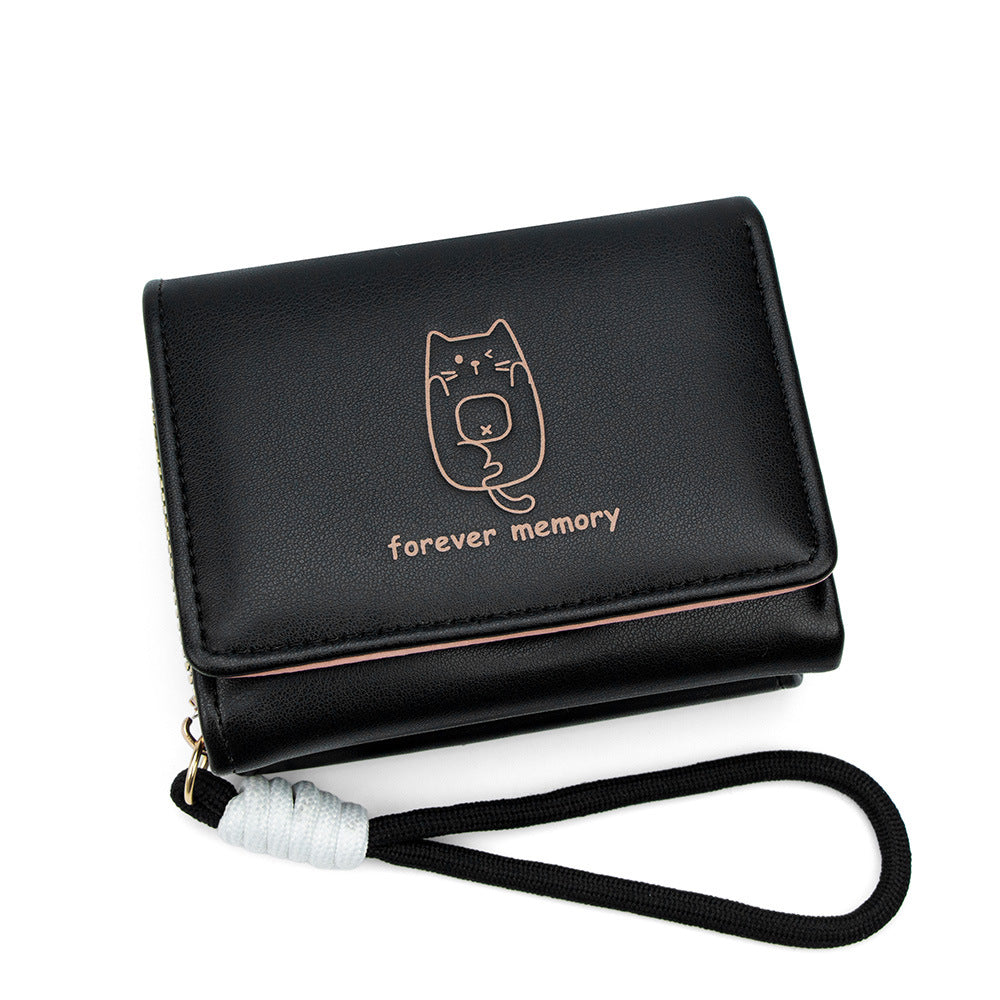 Women's Style Cat Lanyard Simple Short Three Fold Fresh Printed Coin Purses