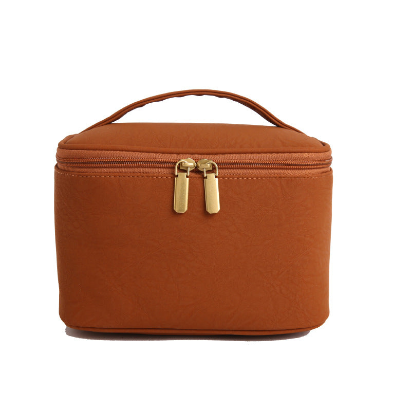 Leather Solid Color Retro Large Capacity Storage Makeup Bag