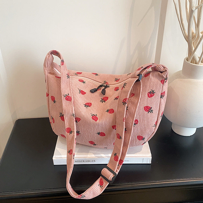 Trendy Female Strawberry Corduroy Large Capacity Shoulder Bags