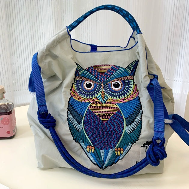 Owl Embroidery Green Shopping Nylon Cloth Waterproof Portable Women's Shoulder Bag