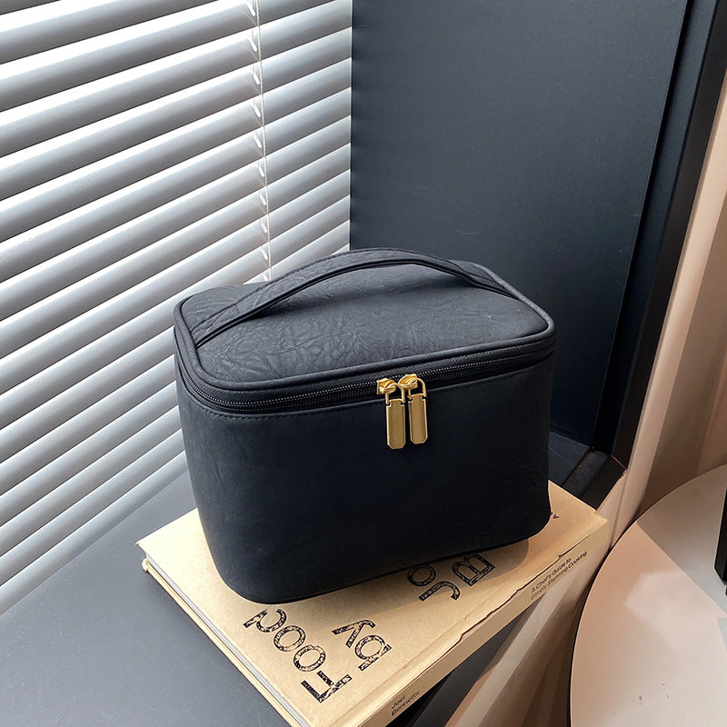 Leather Solid Color Retro Large Capacity Storage Makeup Bag