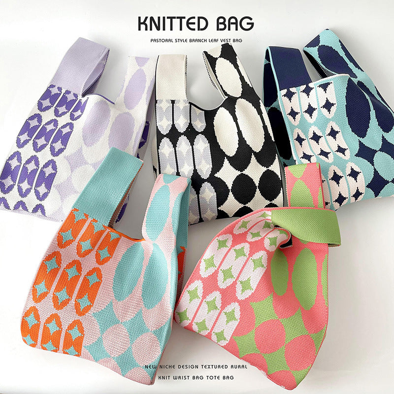 Women's Contrast Color Dot Knitted Large Capacity Shoulder Bags