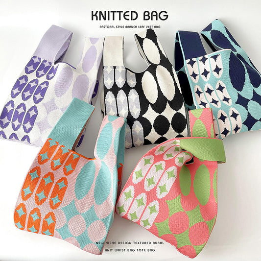 Women's Contrast Color Dot Knitted Large Capacity Shoulder Bags