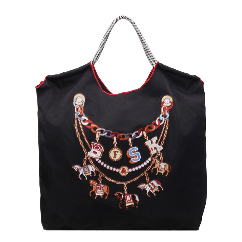 Large Capacity Blue Bottle Embroidered Canvas Leisure Embroidery Handbags