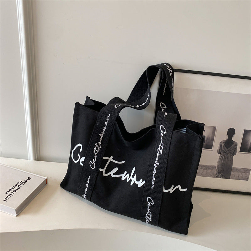Women's Large Capacity Canvas Simple Letters Class Shoulder Bags