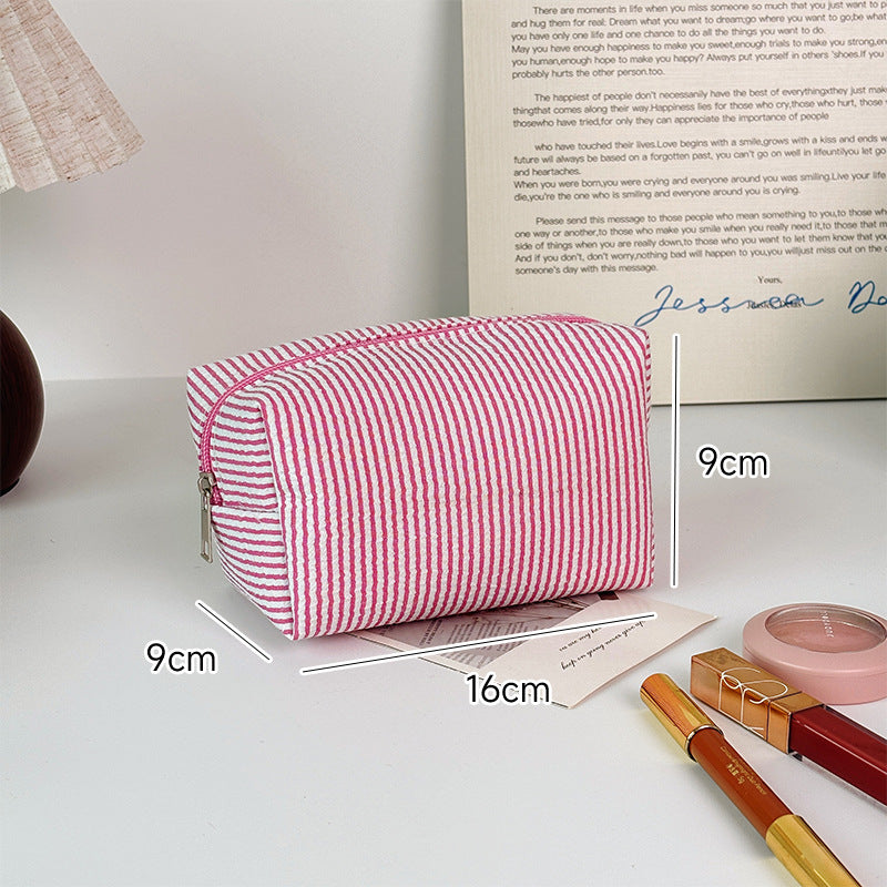 Striped Make-up Large Capacity Seersucker Embroidered Portable Out Makeup Bag