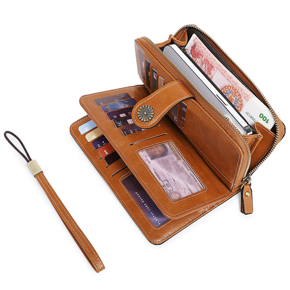 Women's Mobile Oil Leather Hand Long Zipper Coin Purses