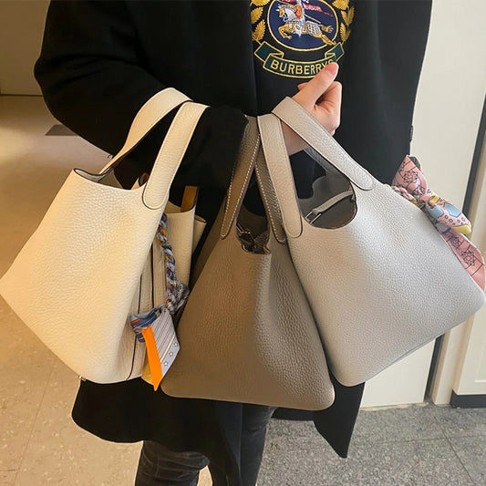 Women's Vegetable Basket Genuine Leather Litchi Pattern First Handbags
