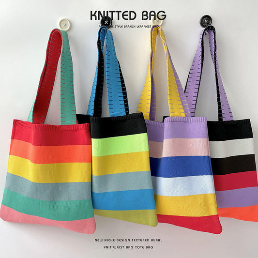 Women's Rainbow Knitted Versatile Large Capacity Commuter Shoulder Bags