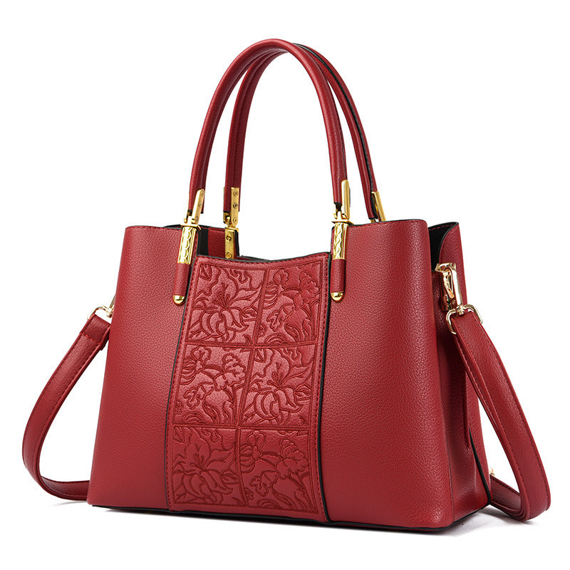 Women's Genuine Leather Embroidered Chinese Style Mother's Large Handbags
