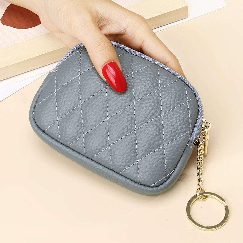 Cowhide Zipper Pocket Diamond Chain Mini Female Purses