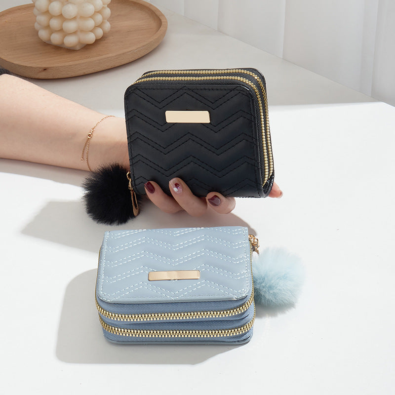 Mini Double Layer Zipper Fashion Embroidery Plush Pouches Card Holder