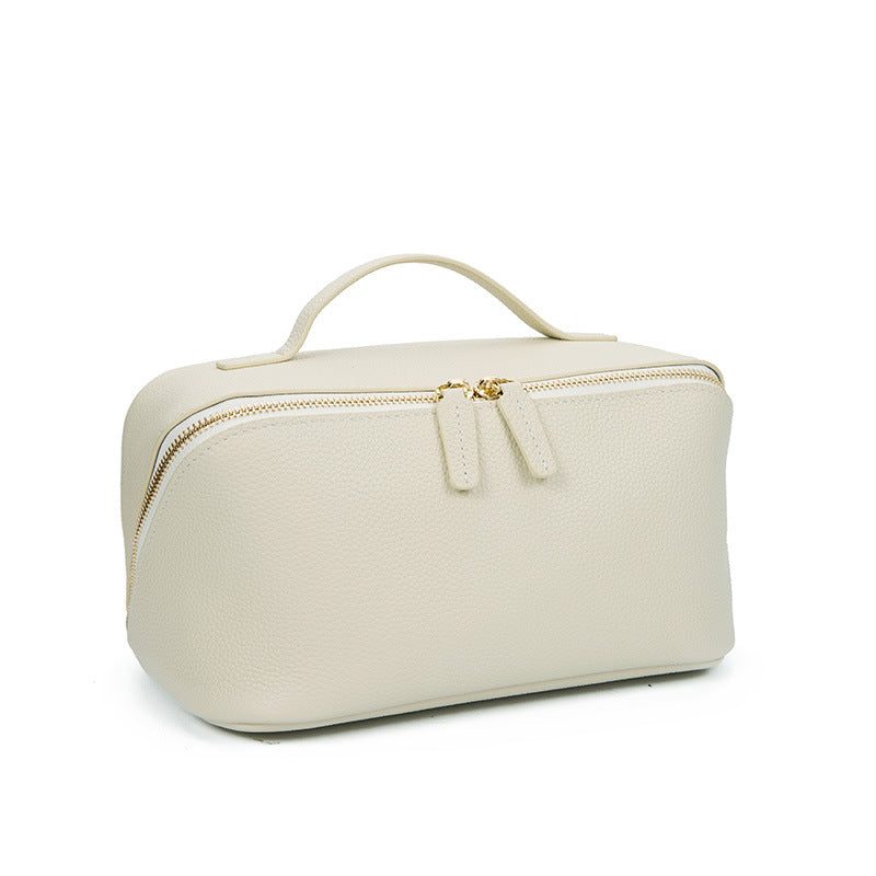 Women's Cowhide Textured Portable Toiletry Fashionable Leather Makeup Bag