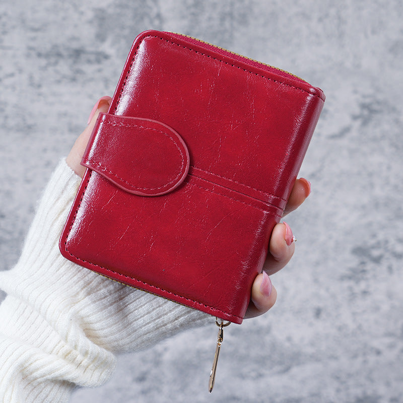 Women's Oil Wax Leather Vintage Short Korean Fashion Zipper Ladies Wallet