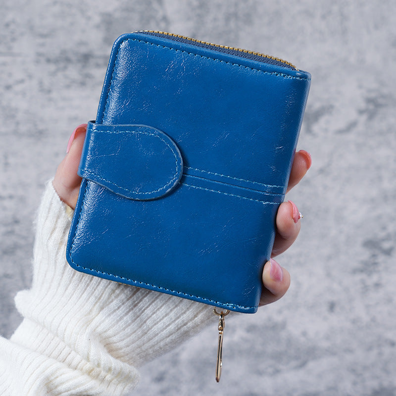 Women's Oil Wax Leather Vintage Short Korean Fashion Zipper Ladies Wallet