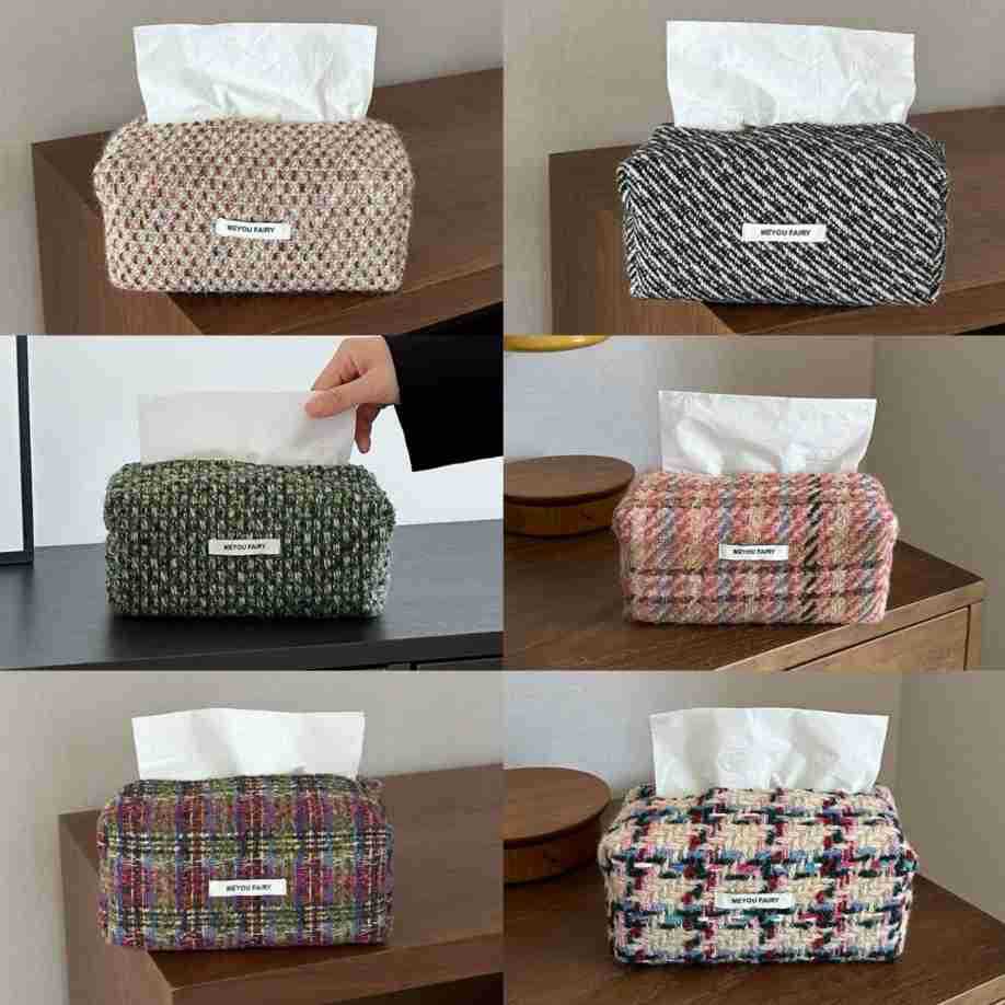 Style Pink Checked Cloth Knitted Tissue Box Home Bedroom Living Makeup Bag