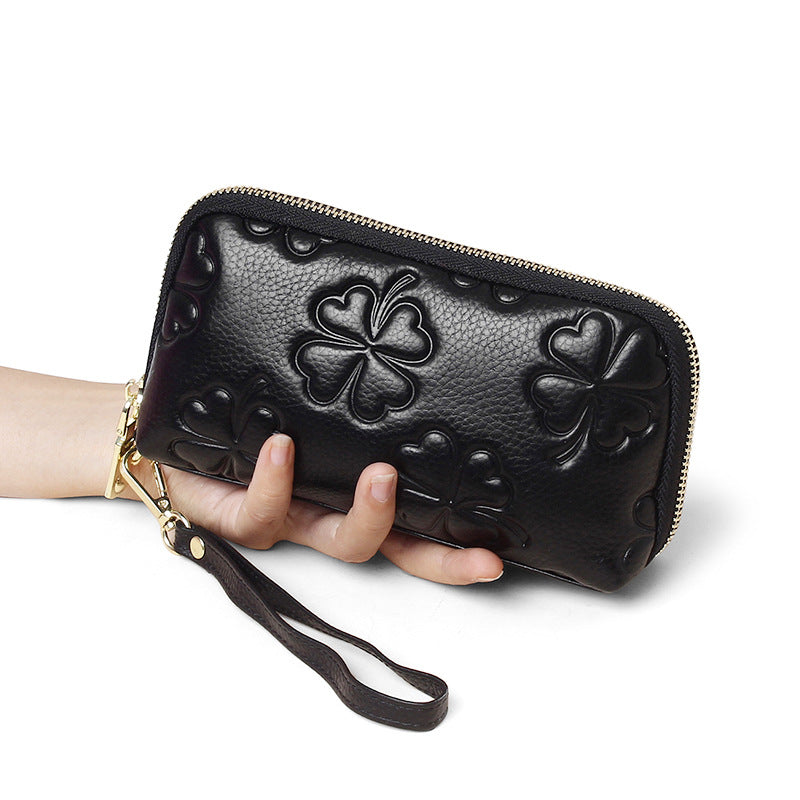 Women's First Layer Cowhide Four-leaf Clover Embossed Simple Clutch High-grade Genuine Bags