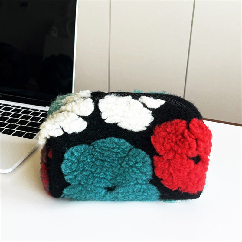 Striped Plush Large Capacity Pencil Wash Portable Storage Bags