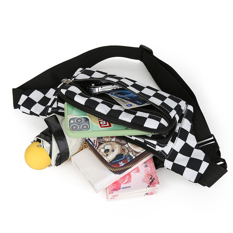 Women's Chessboard Plaid Fashion Nylon Cloth Black White Cell Men's Waist Packs