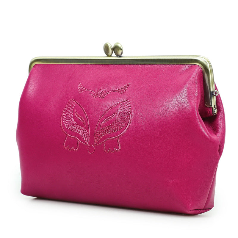 Women's Black Angel Full Grain Sheepskin Double Iron Hinge Embroidered Makeup Bag