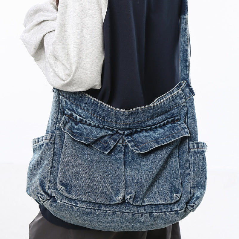 Women's Tooling Style Denim Canvas Large Capacity Class Tote Bags
