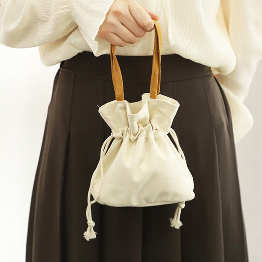 Pure Color Fresh Literary Canvas Simple Drawstring Hand Handbags