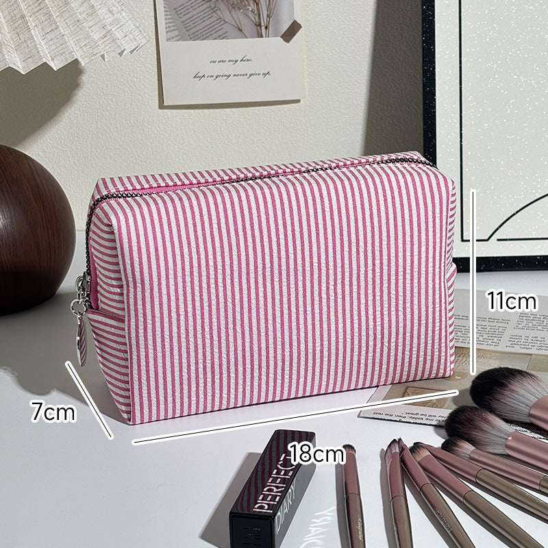 Striped Make-up Large Capacity Seersucker Embroidered Portable Out Makeup Bag