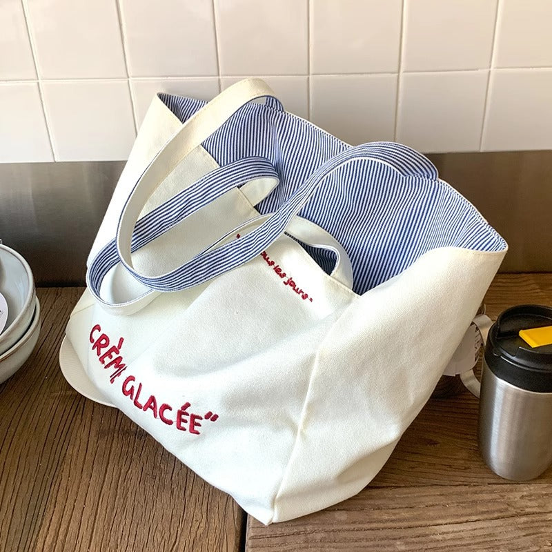White Large Capacity Embroidered Double-sided Canvas Women's Shoulder Bag