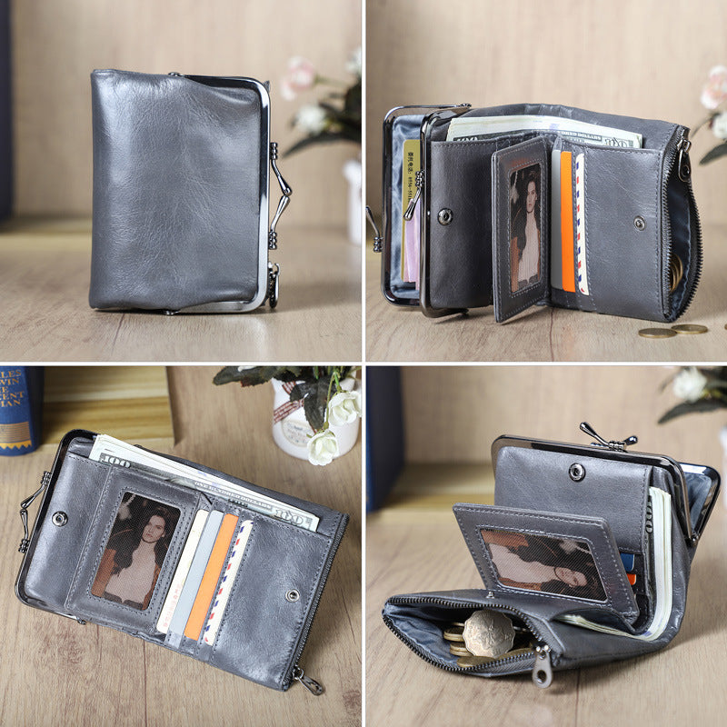 Women's Angel First Layer Cowhide Iron Hinge Short Leather Ladies Wallet