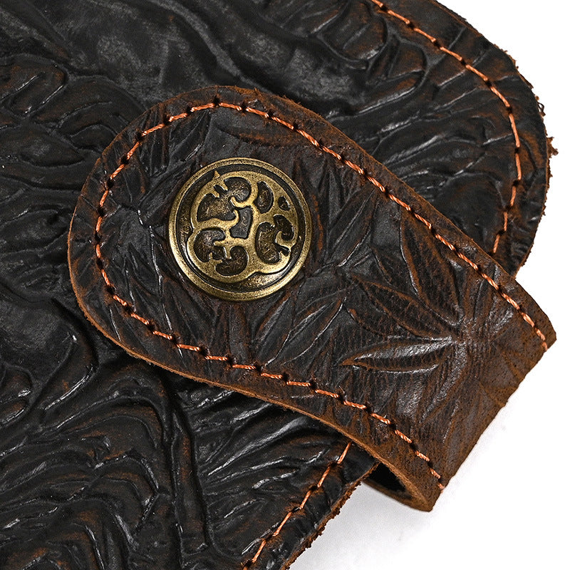 Men's Long Genuine Leather Crazy Horse Dragon Pattern Iron Chain Men's Wallet