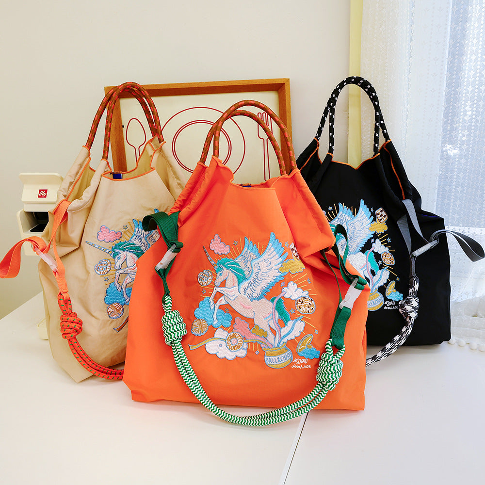 Lucky Horse Cartoon Waterproof Nylon Needle Embroidery Fashion Commuter Large Shoulder Bags
