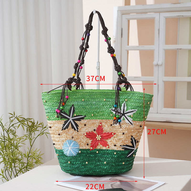 Women's Straw Grass Hand-knitted Embroidered Three-color Starry Sky Wooden Bead Woven Bags